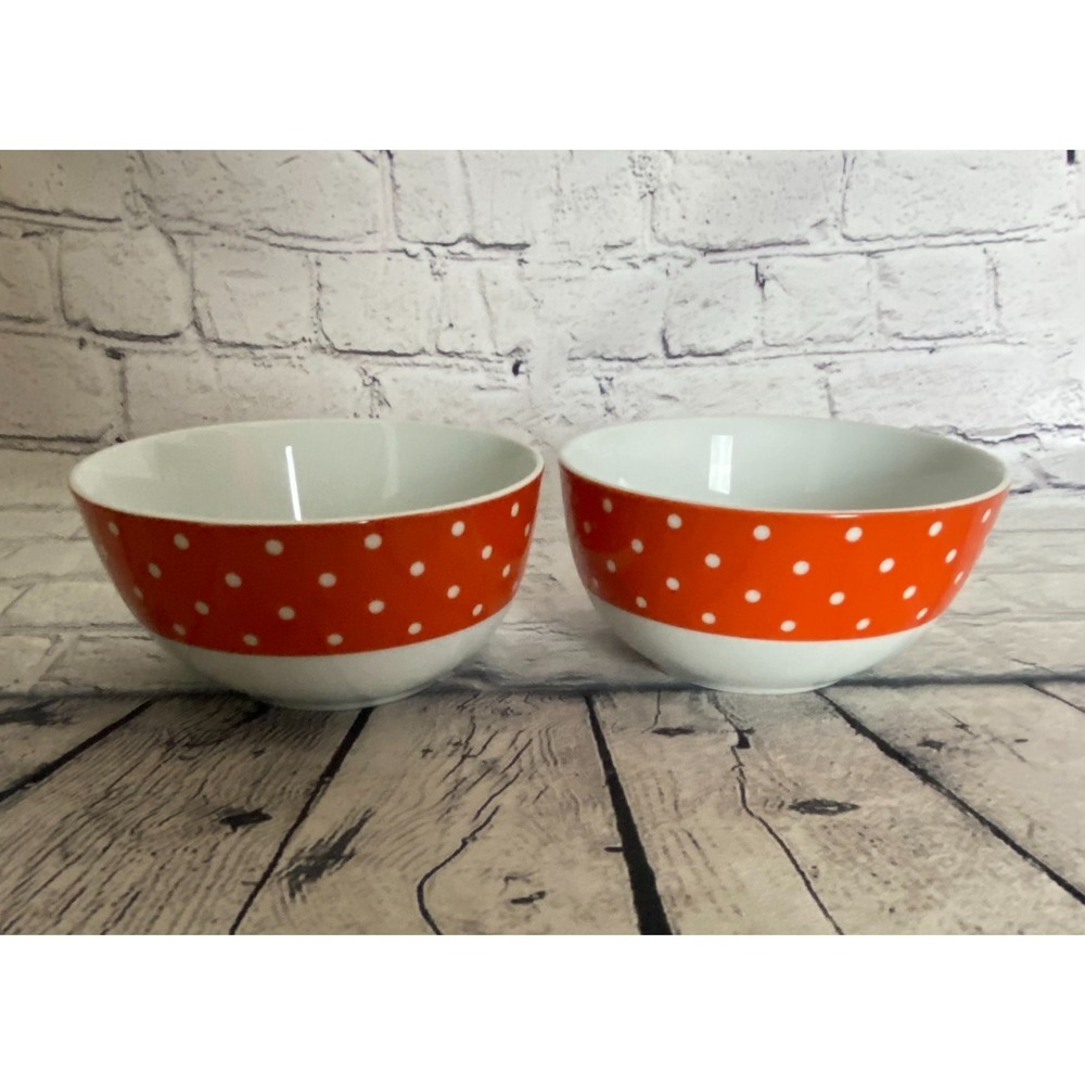 Isaac Mizrahi Dot Luxe Orange White Polka Dot Ceramic Cereal Soup Bowl Set of 2